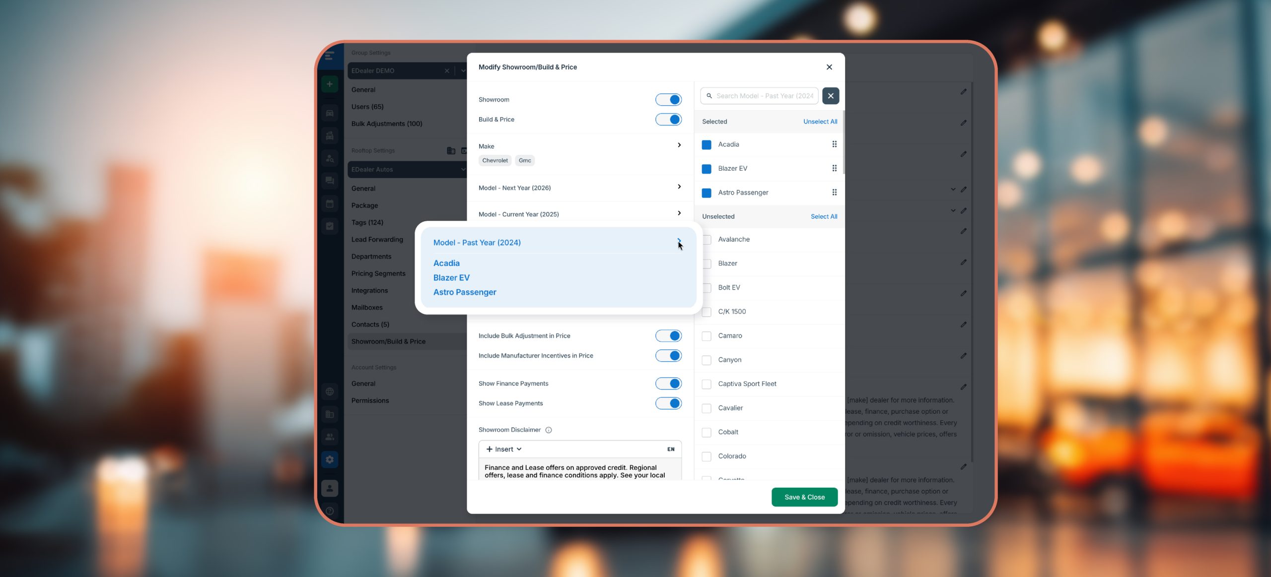 A screenshot of the Showroom/Build & Price settings and where to add the previous year model info.