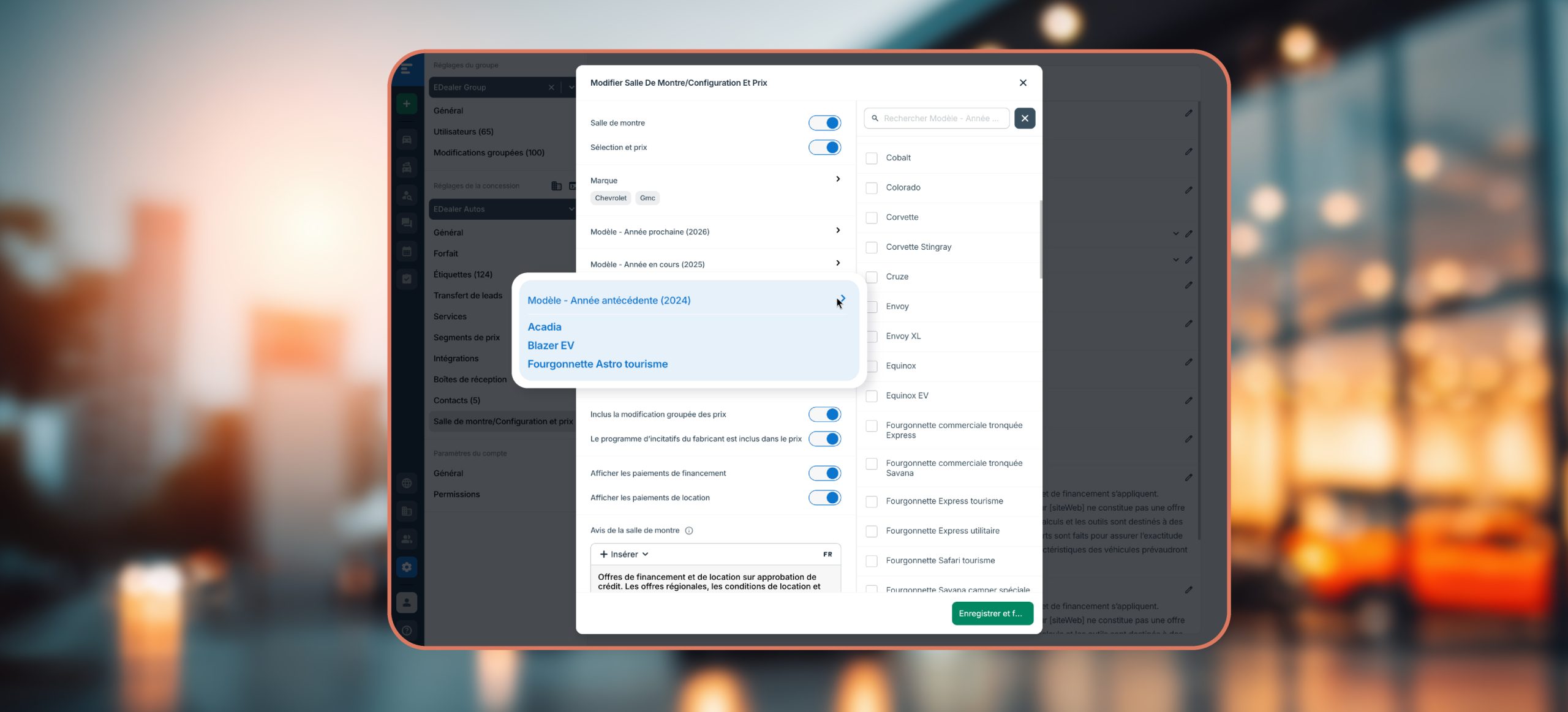 Une capture d’écran de la page des paramètres Configuration et prix qui indique où ajouter l’information sur les véhicules de l’année précédente.