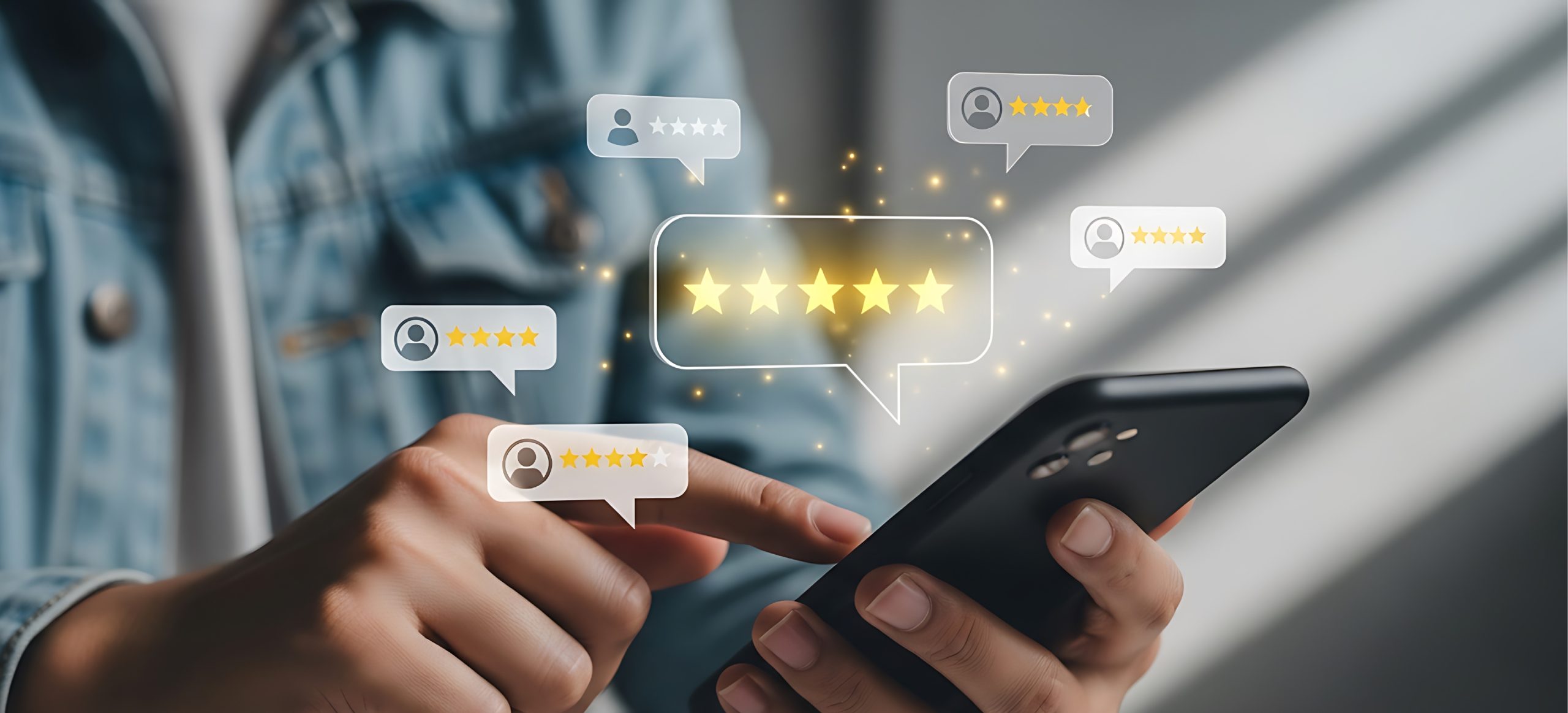 Gros plan d’une personne qui touche l’écran de son téléphone intelligent avec des étoiles et des commentaires flottants.