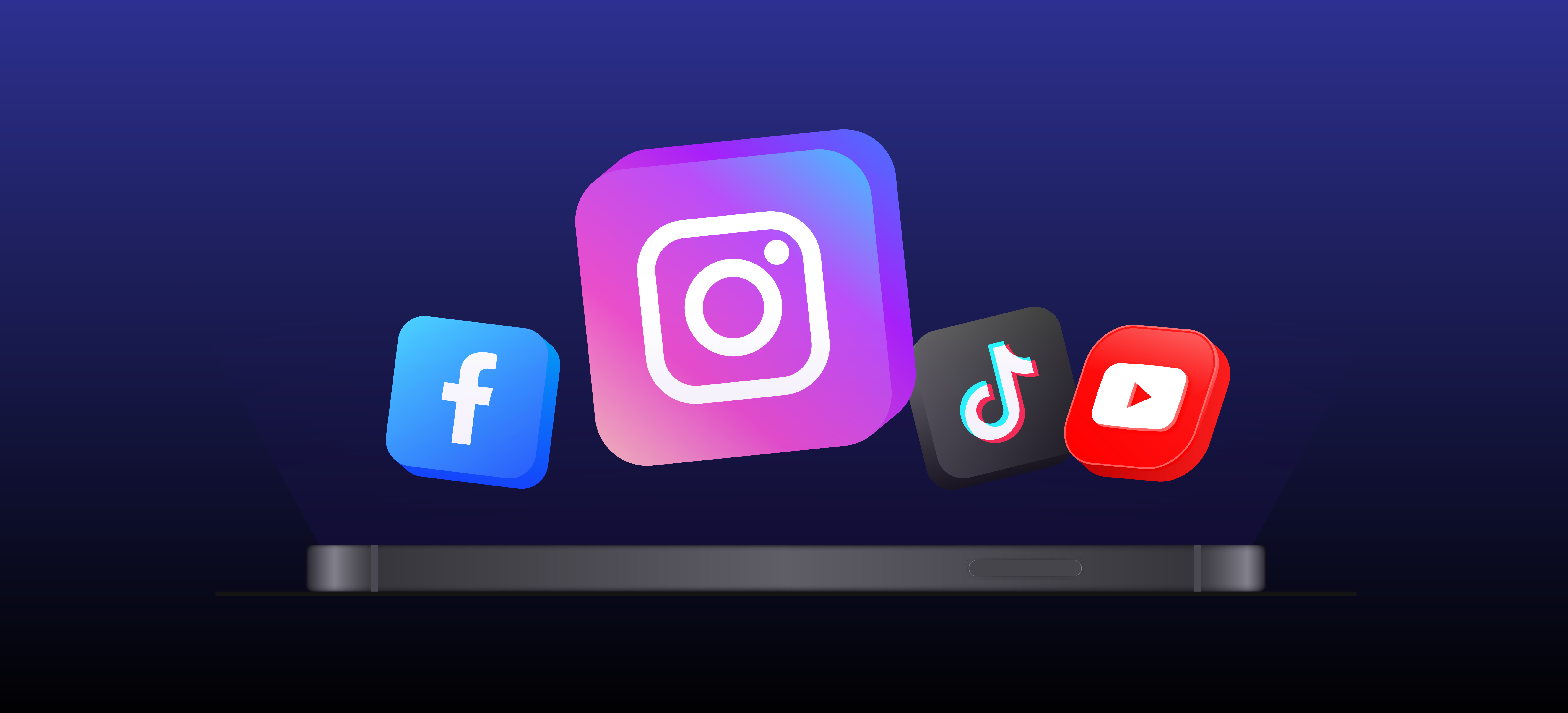 Floating Facebook, Instagram, TikTok, and Youtube logos.