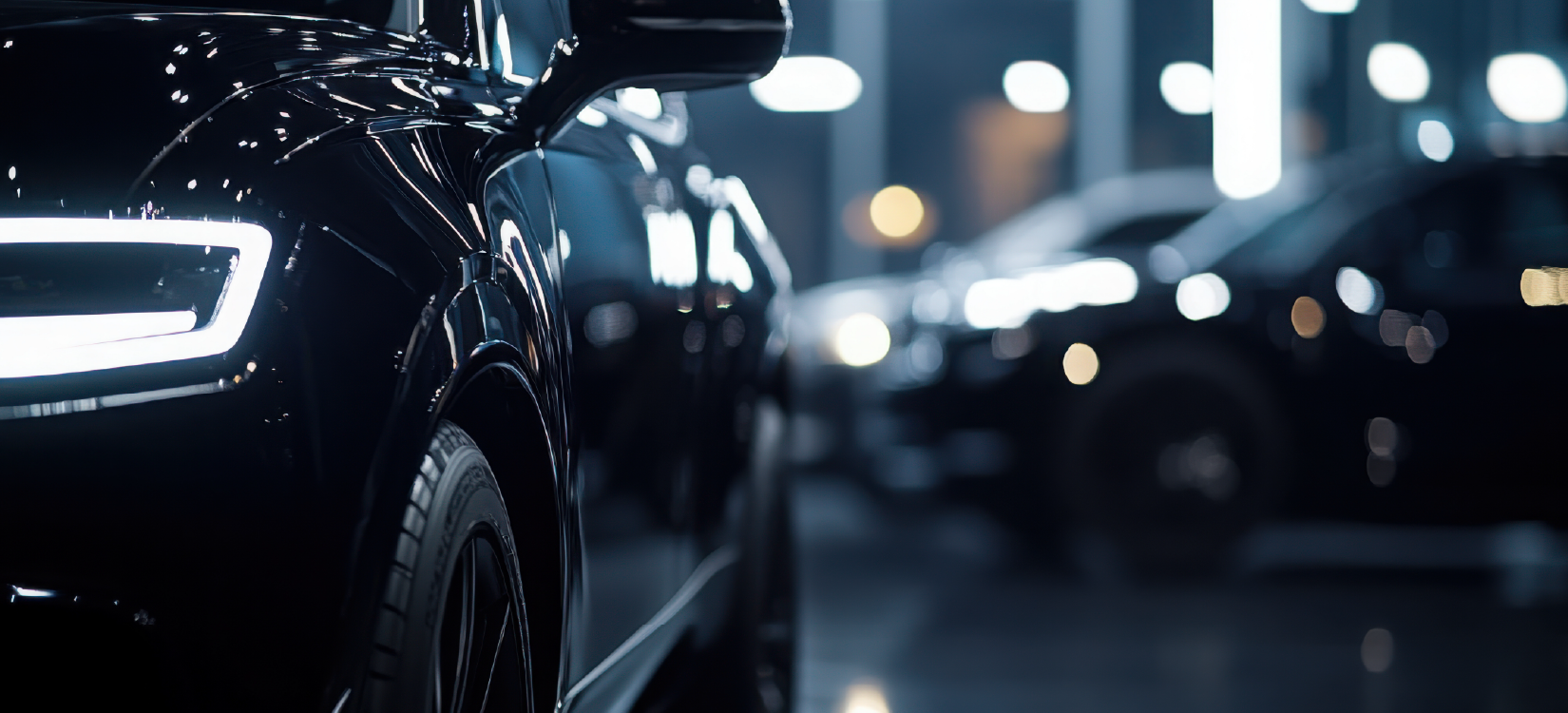 A collection of new vehicles sit in a showroom.