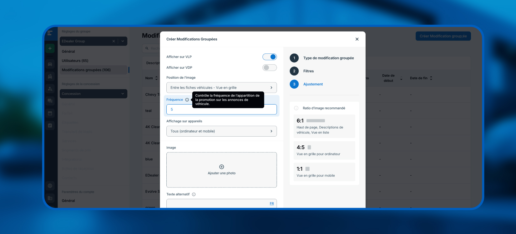 Un écran qui affiche la procédure à suivre pour utiliser la fonctionnalité d’ajustements regroupés sur Evolve.