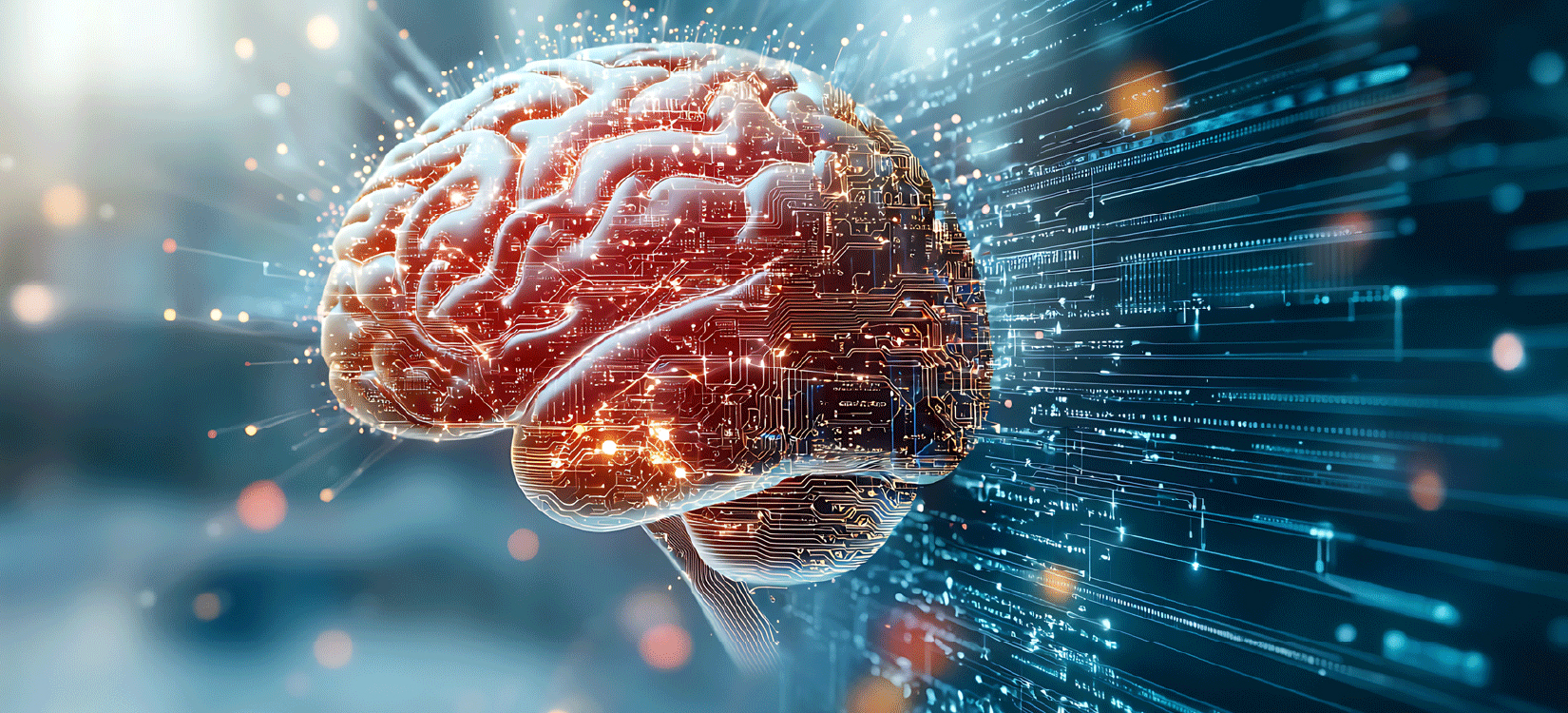 A brain with circuitry coming out of it depicts a content strategy that works with AI.