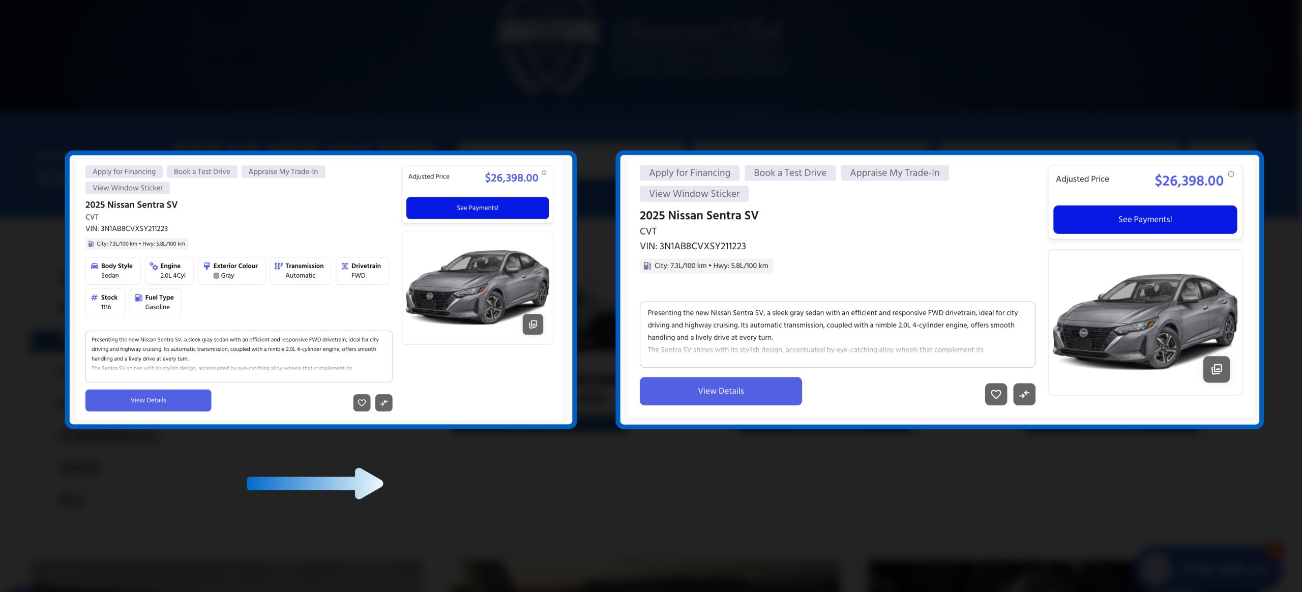 A screenshot showing the different ways you can see vehicle details on VDPs.