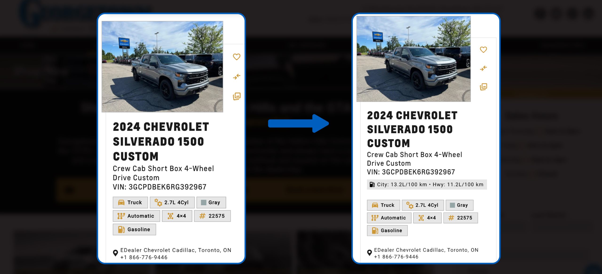 Two screenshots showing the information of a Chevrolet vehicle, one with the fuel economy visible and one with it hidden.