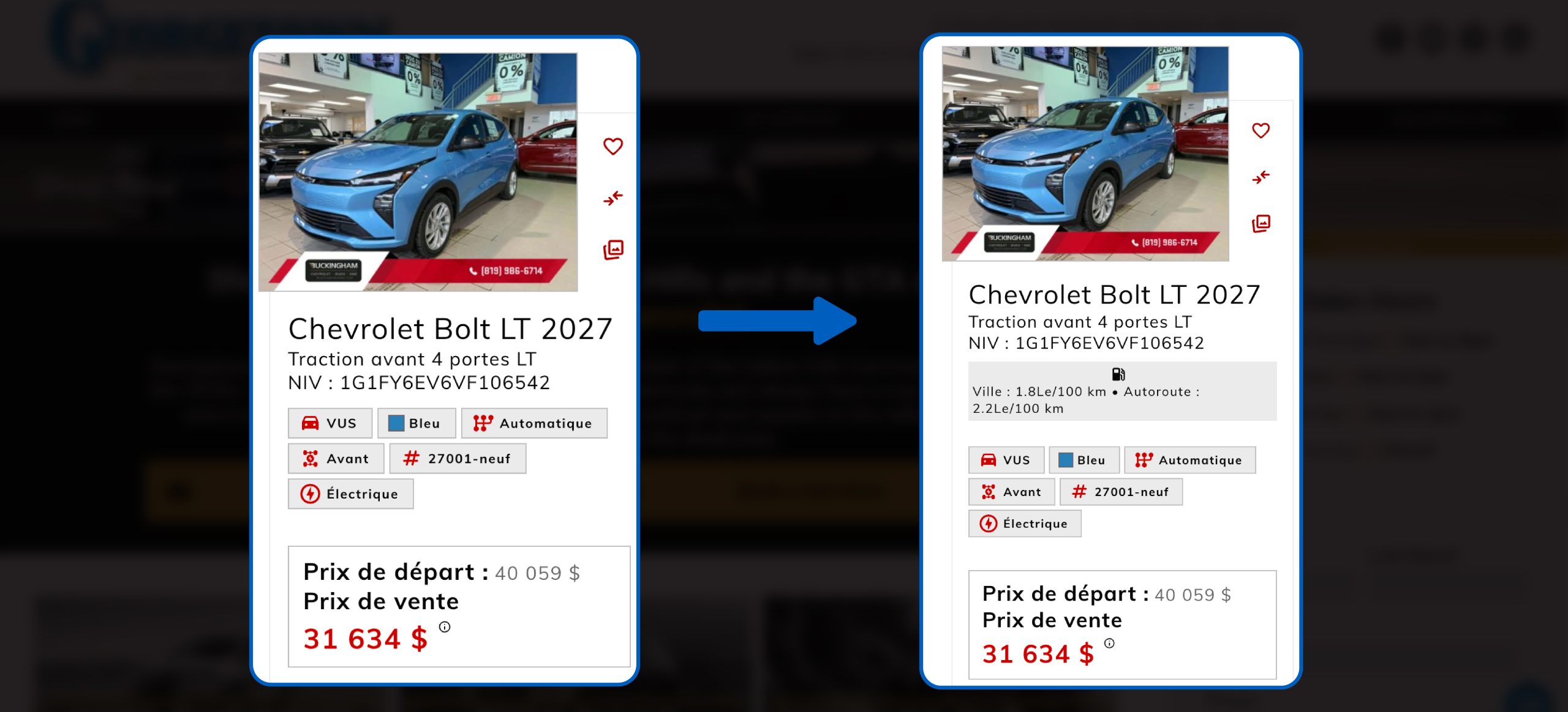 Deux captures d’écran affichent l’information d’un véhicule Chevrolet, l’une avec l’économie d’essence visible, l’autre avec l’information masquée.