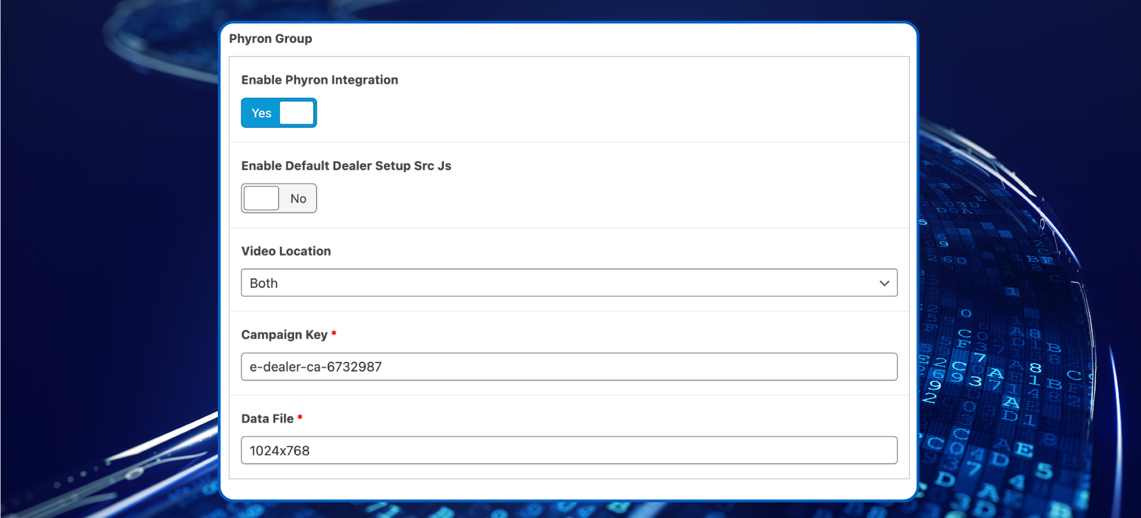 A screenshot shows where and how to integrate Phyron videos.
