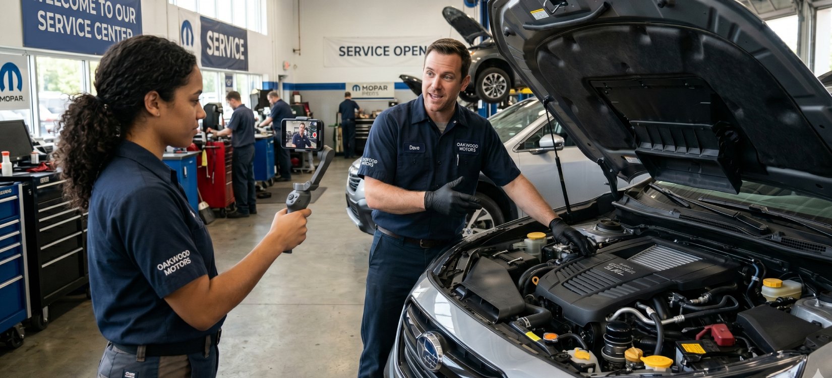 Two service technicians discuss authentic dealership content they can provide while working.