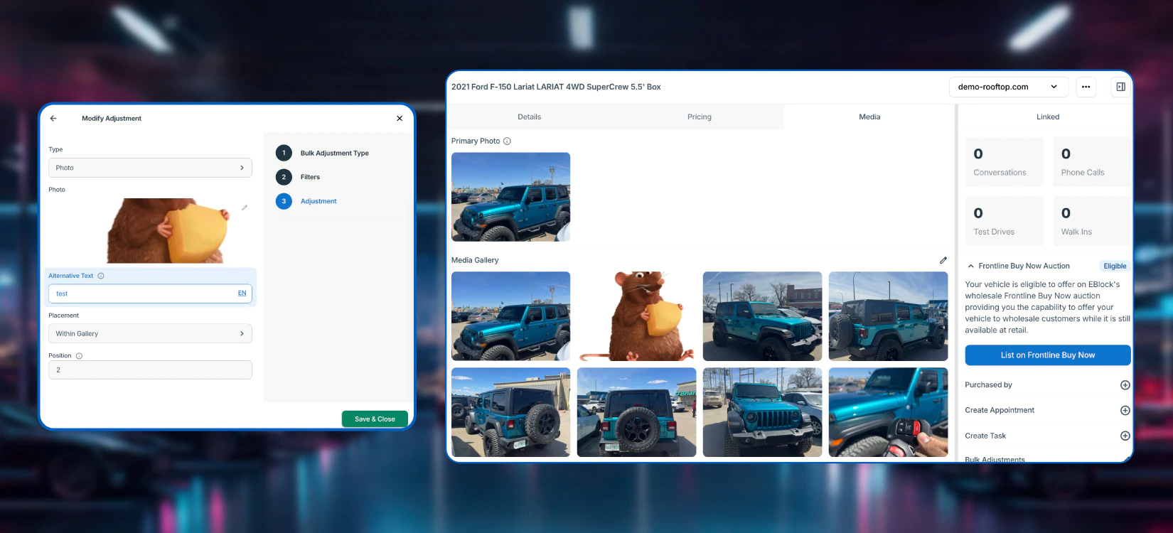 Two screenshots show the bulk media adjustment feature.
