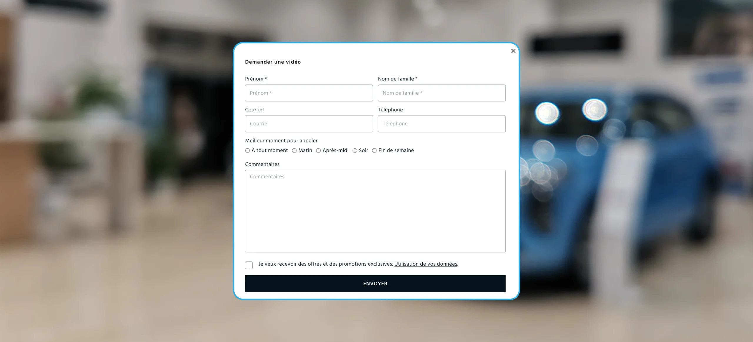 Une capture d’écran affiche le formulaire permettant aux clients potentiels d’effectuer une requête de vidéos.